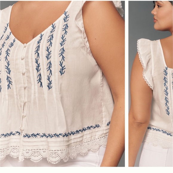 Anthropologie 2x BNWT pintuck cotton embroidered shirt - Picture 3 of 7